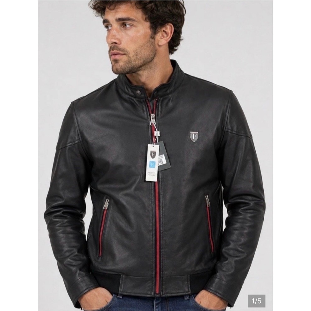 F Collections Ferrari Black Leather Jacket Mens Size L NWT Full Zip Italy